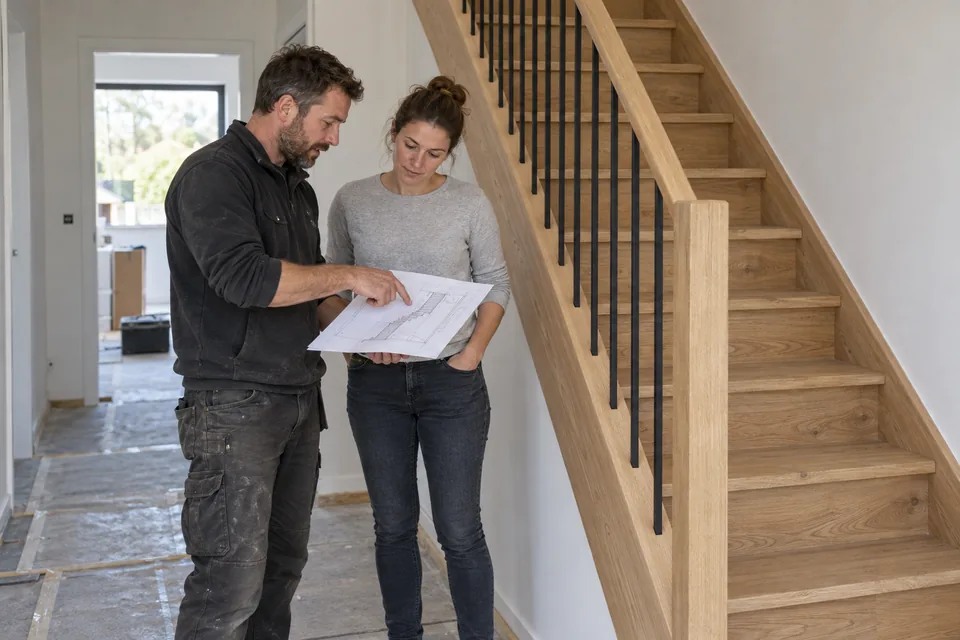 Handwerker und Kundin besprechen einen Plan an einer Holztreppe