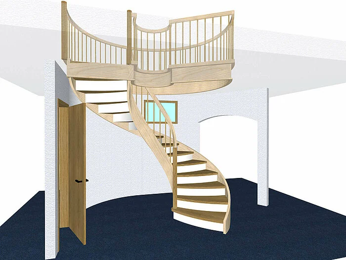 3D-Ansicht einer geschwungenen Holztreppe in Compass