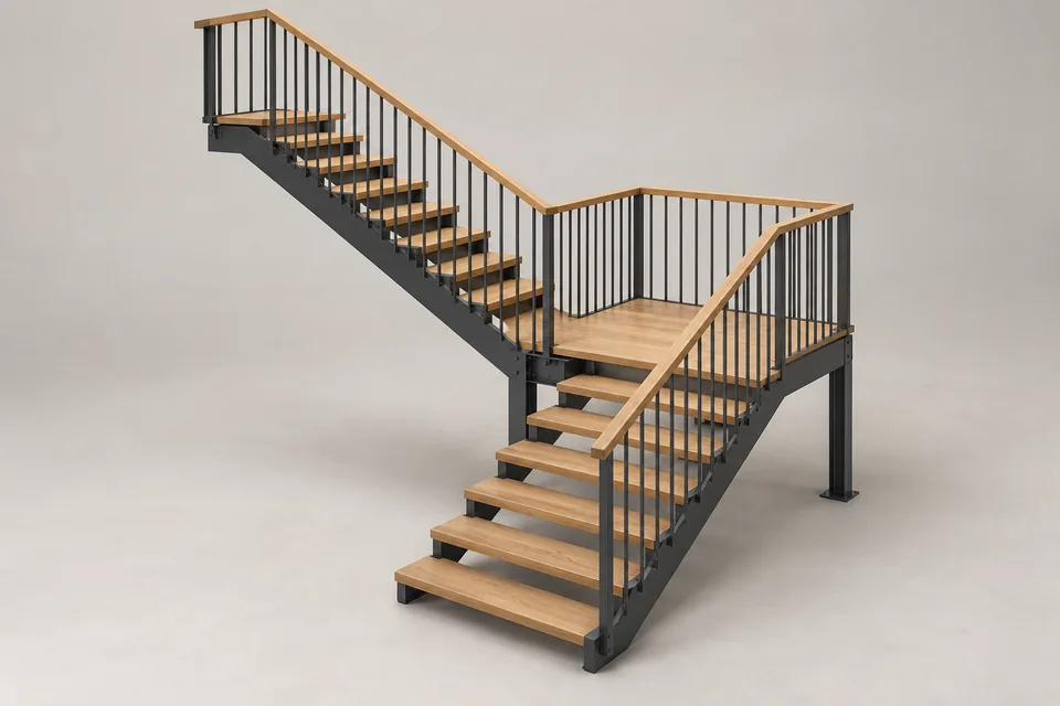 Illustrative viertelgewendelte Holztreppe mit Podest