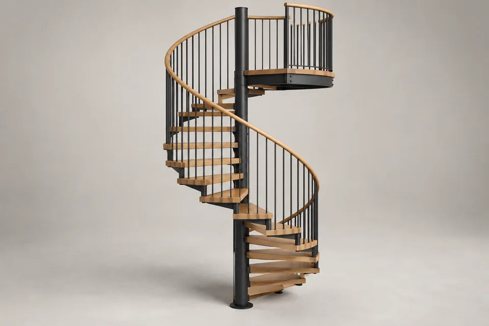 Illustrative Spindeltreppe aus Holz und Stahl