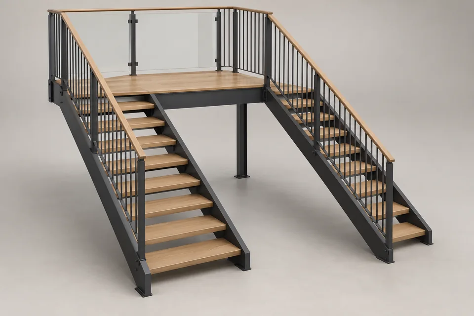Illustrative halbgewendelte Holztreppe mit Podest